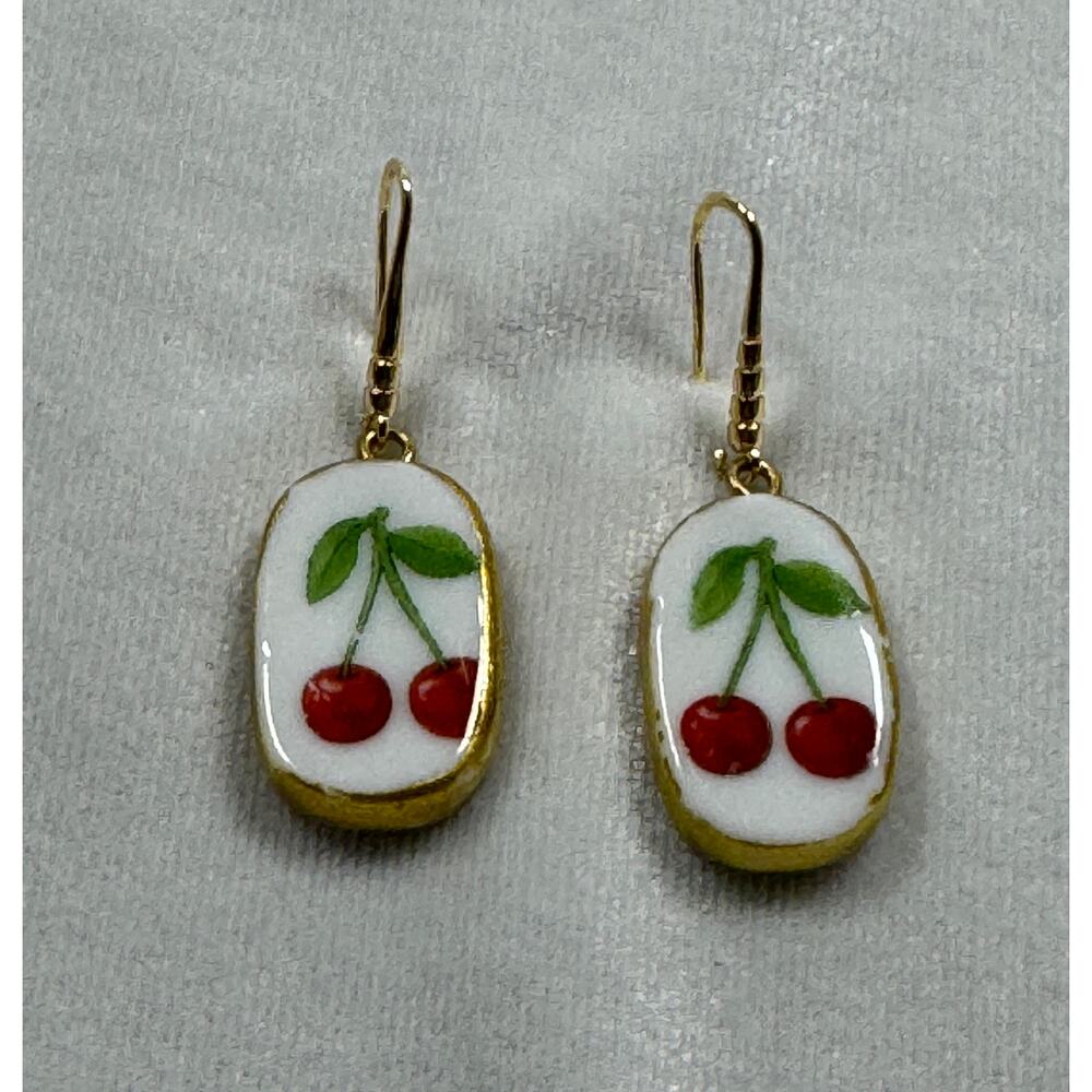 Cherry Ceramic Dangle Earrings Gold Tone Fruit Earrings Cute Cottagecore E278